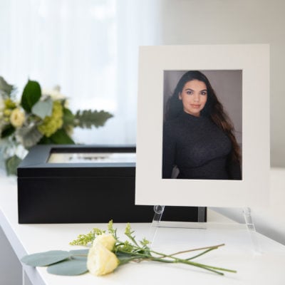 headshot display in a folio box portrait on an easel